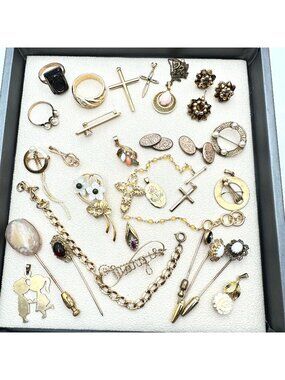 Antique Vintage Jewelry Lot Gold Filled 82 Grams Stick Pins Bracelet Crosses